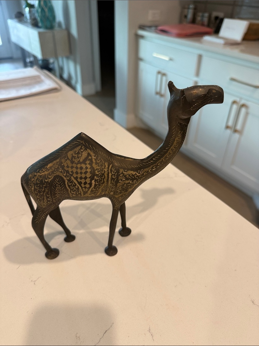 Brass Inlaid Camel Figurine - Golden Etching Metal